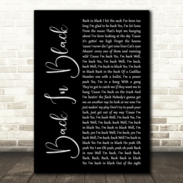 ACDC Back In Black Black Script Decorative Wall Art Gift Song Lyric Print