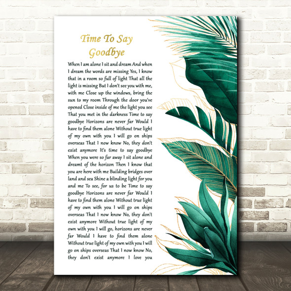 Sarah Brightman Time To Say Goodbye Gold Green Botanical Leaves Side Script Song Lyric Print