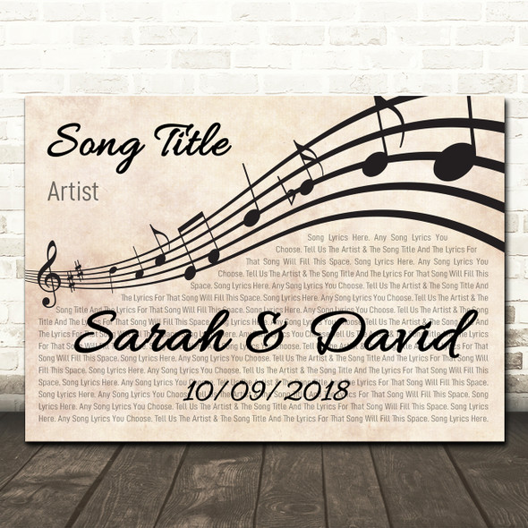 Landscape Wavy Music Notes Names & Dates Any Song Lyric Personalised Music Print