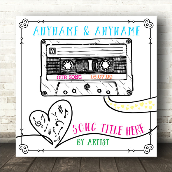 Retro Sketch Cassette Tape Square Our Any Song Personalised Music Lyric Wall Art Print