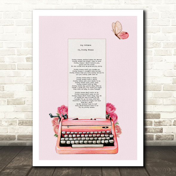Roy Orbison Oh Pretty Woman Baby Pink Typewriter Music Song Lyric Wall Art Print