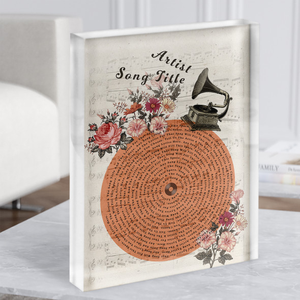 Floral Gramophone Vintage Record Any Song Lyric Acrylic Block