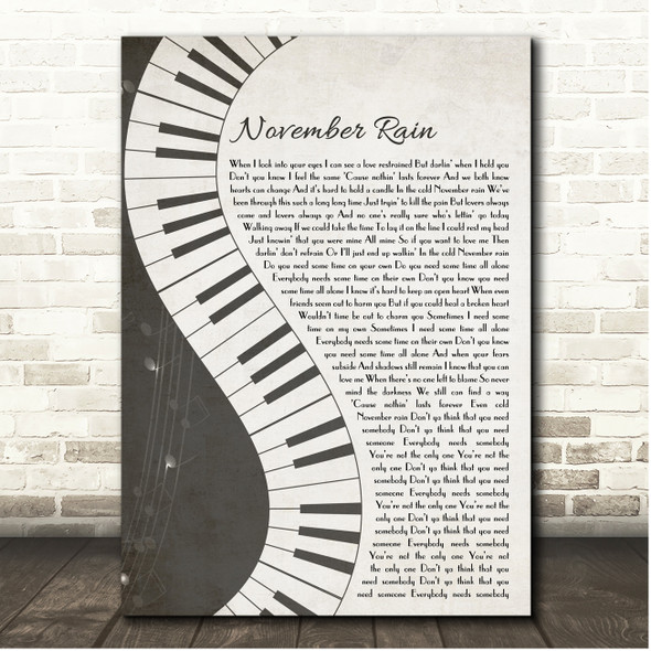 Guns N' Roses November Rain Rustic Grey Piano Script Song Lyric Print
