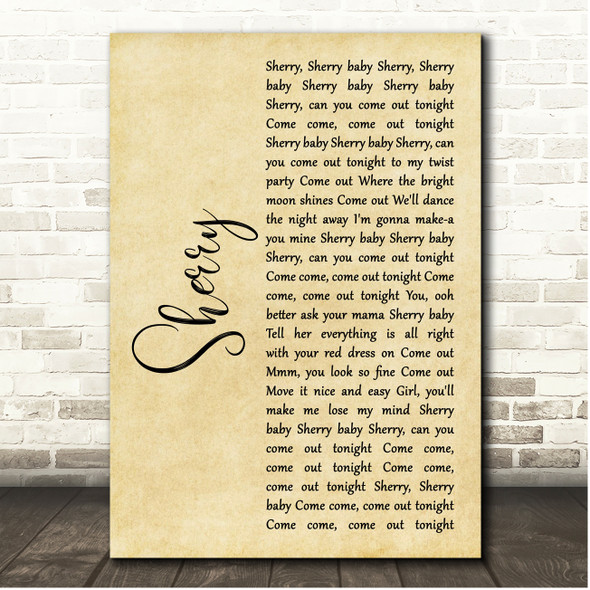 Frankie Valli Sherry Rustic Script Song Lyric Print