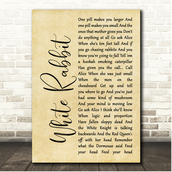 Jefferson Airplane White Rabbit Rustic Script Song Lyric Print