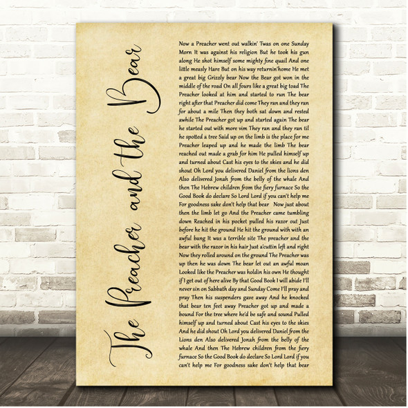 Phil Harris The Preacher and the Bear Rustic Script Song Lyric Print