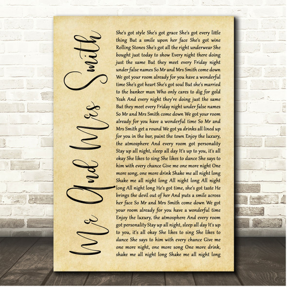 Stereophonics Mr And Mrs Smith Rustic Script Song Lyric Print