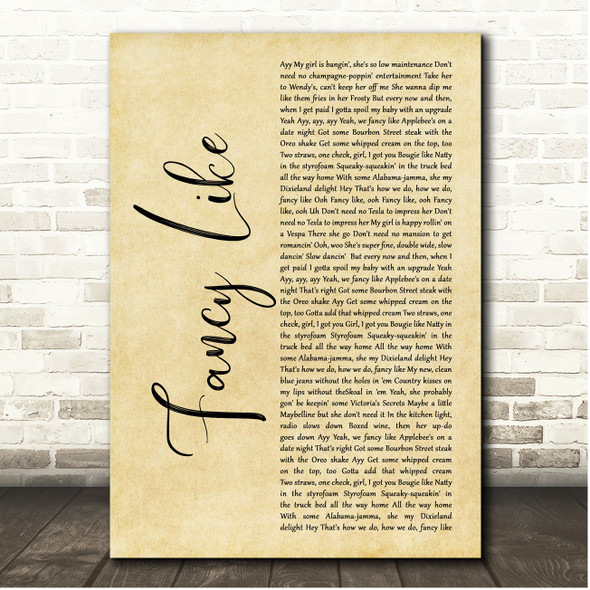 Walker Hayes Fancy Like Rustic Script Song Lyric Print