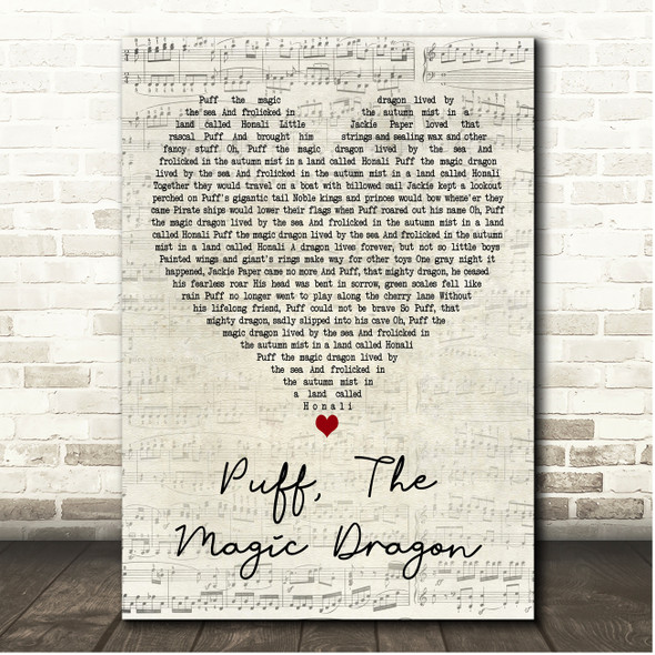 Peter, Paul And Mary Puff, The Magic Dragon Script Heart Song Lyric Print