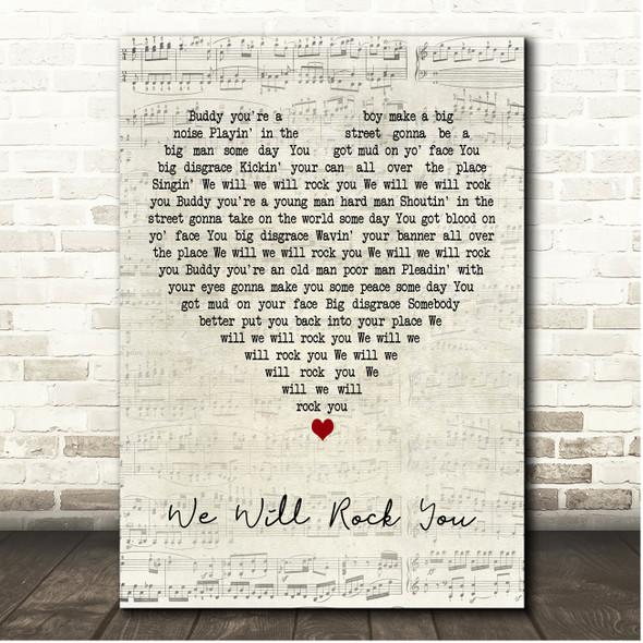 Queen We Will Rock You Script Heart Song Lyric Print