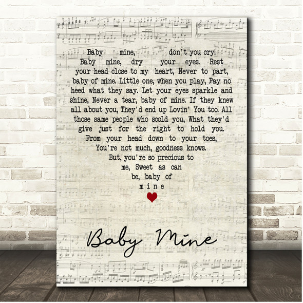 Bette Midler Baby Mine Script Heart Song Lyric Print