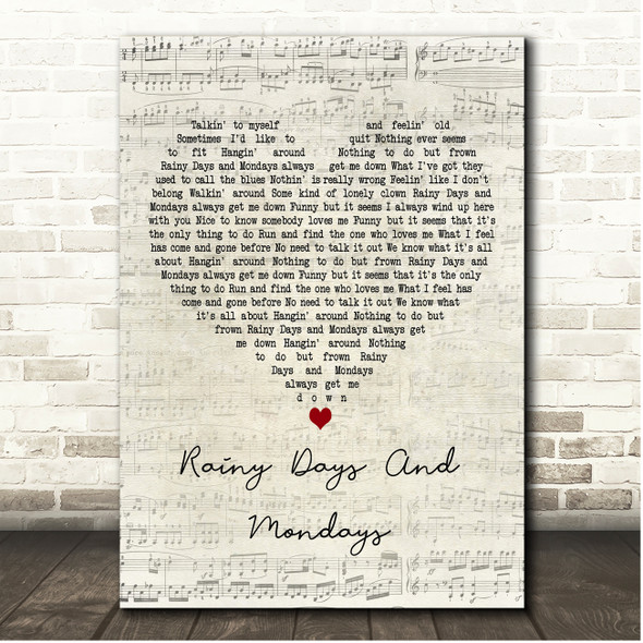 The Carpenters Rainy Days And Mondays Script Heart Song Lyric Print