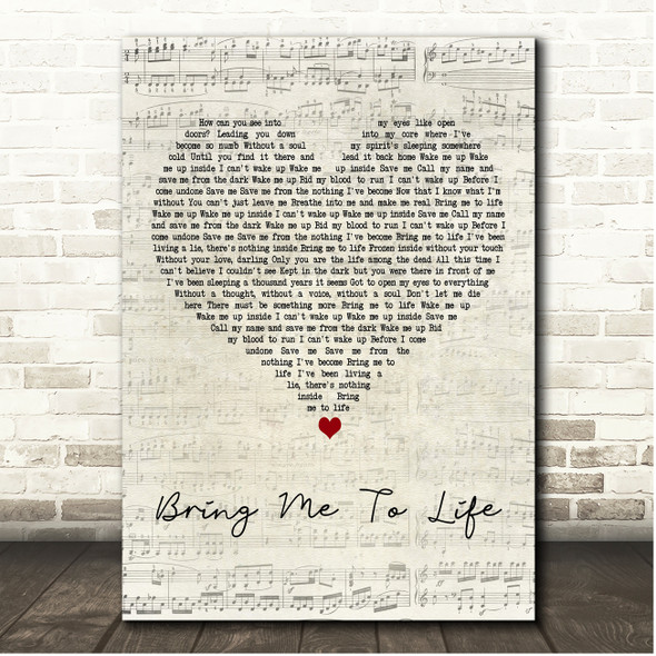 Evanescence Bring Me To Life Script Heart Song Lyric Print