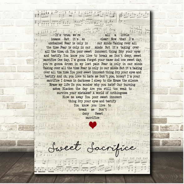 Evanescence Sweet Sacrifice Script Heart Song Lyric Print