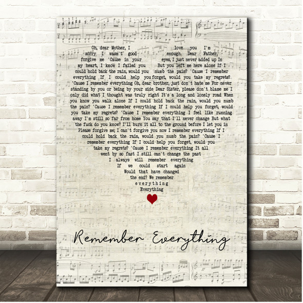 Five Finger Death Punch Remember Everything Script Heart Song Lyric Print