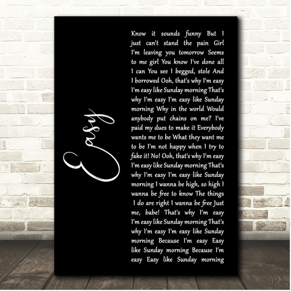 Lionel Richie Easy Black Script Song Lyric Print