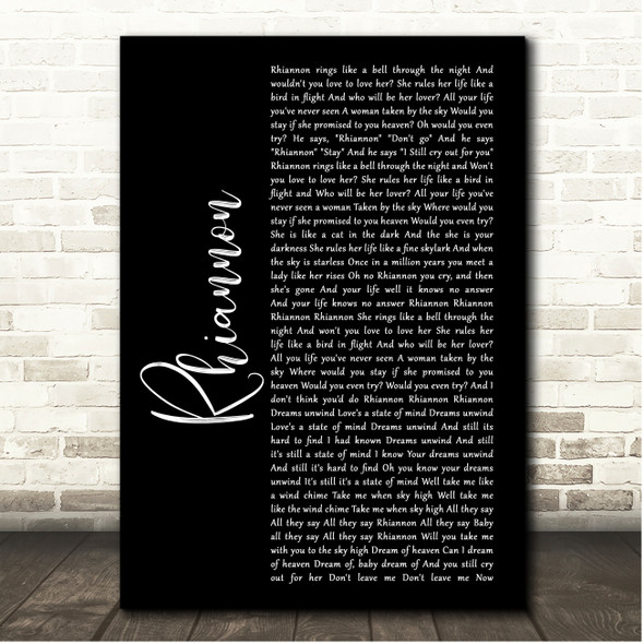 Stevie Nicks Rhiannon Black Script Song Lyric Print