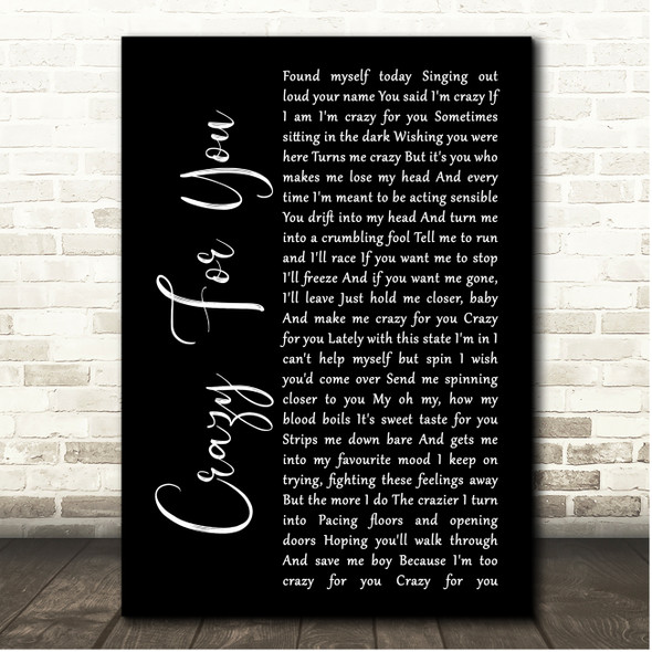 Adele Crazy For You Black Script Song Lyric Print