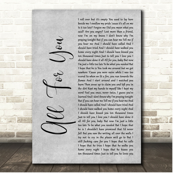Cian Ducrot All For You Grey Rustic Script Song Lyric Print