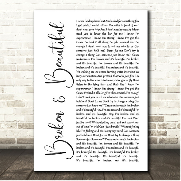 Kelly Clarkson Broken & Beautiful White Script Song Lyric Print