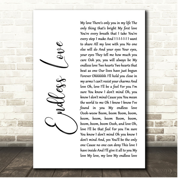 Lionel Richie & Diana Ross Endless Love White Script Song Lyric Print