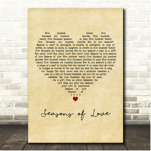 Jonathan Larson Seasons of Love Vintage Heart Song Lyric Print