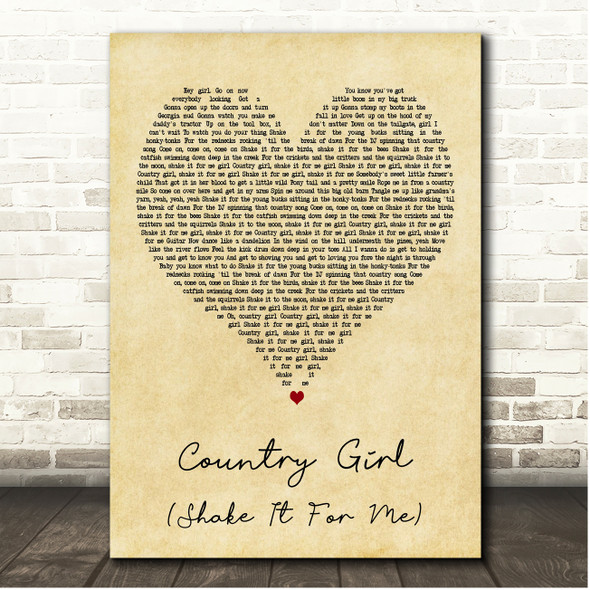Luke Bryan Country Girl (Shake It For Me) Vintage Heart Song Lyric Print