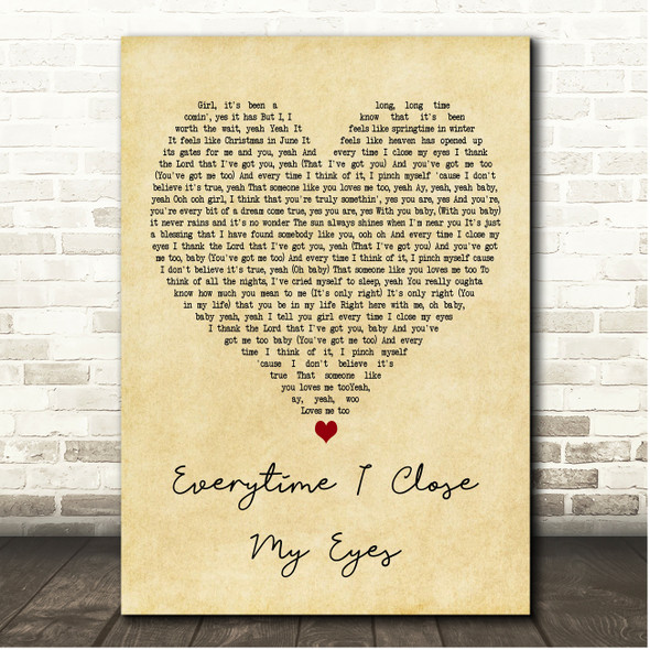 Babyface Everytime I Close My Eyes Vintage Heart Song Lyric Print