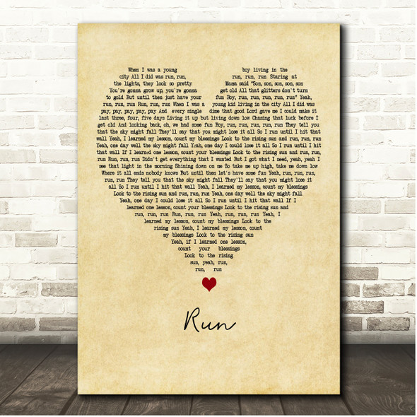 OneRepublic Run Vintage Heart Song Lyric Print