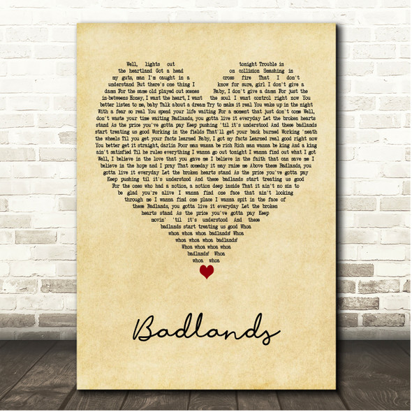 Bruce Springsteen Badlands Vintage Heart Song Lyric Print