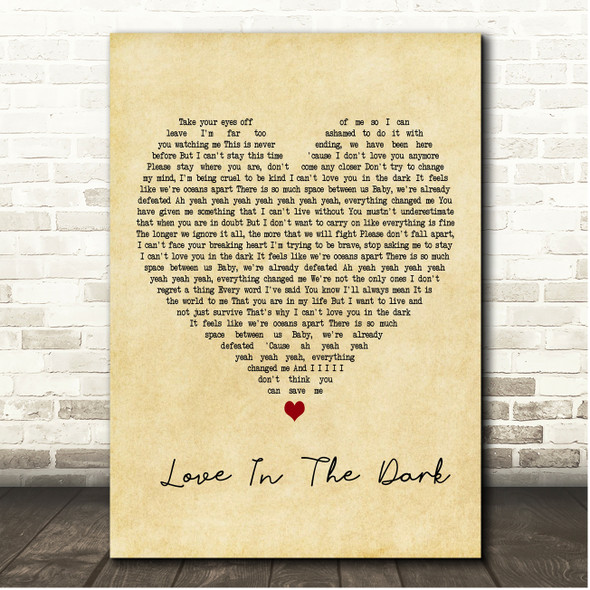 Adele Love In The Dark Vintage Heart Song Lyric Print