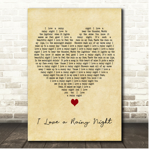 Eddie Rabbitt I Love a Rainy Night Vintage Heart Song Lyric Print