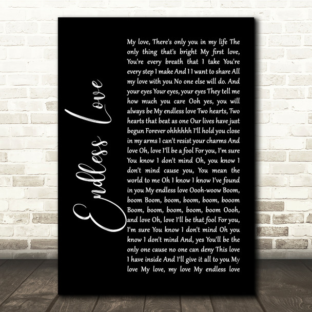 Lionel Richie & Mariah Carey Endless Love Black Script Song Lyric Quote Print