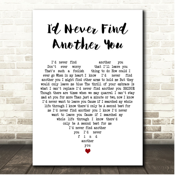 Billy Fury I'd Never Find Another You White Heart Song Lyric Print