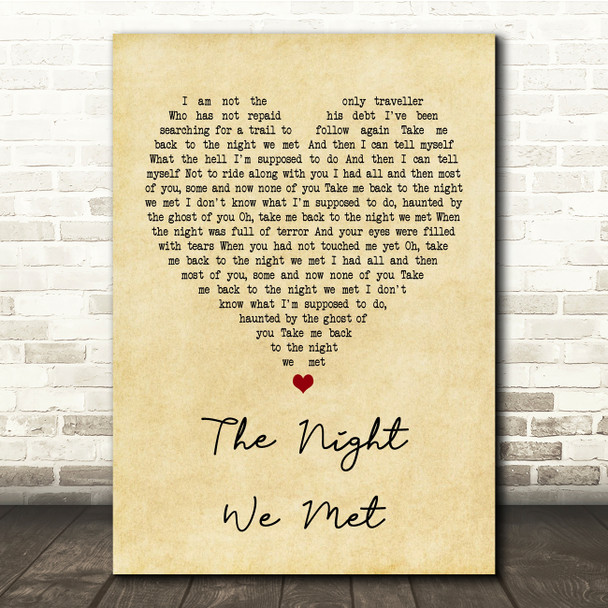 Lord Huron The Night We Met Vintage Heart Song Lyric Quote Print