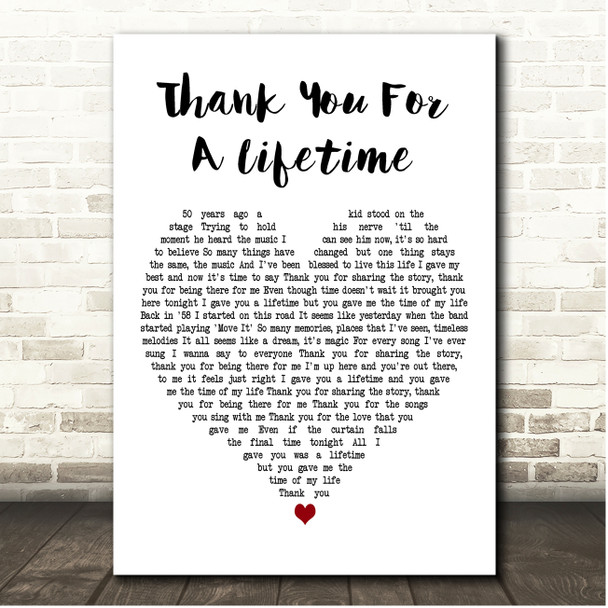 Cliff Richard Thank You For A Lifetime White Heart Song Lyric Print