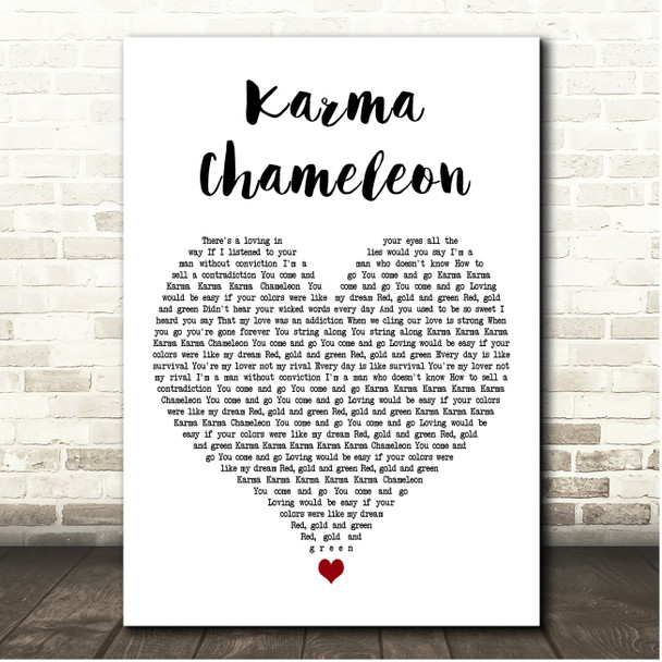 Culture Club Karma Chameleon White Heart Song Lyric Print