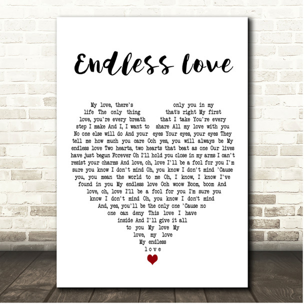 Diana Ross Endless Love White Heart Song Lyric Print