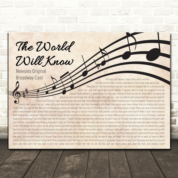 Newsies Original Broadway Cast The World Will Know Landscape Wavy Music Notes Song Lyric Print