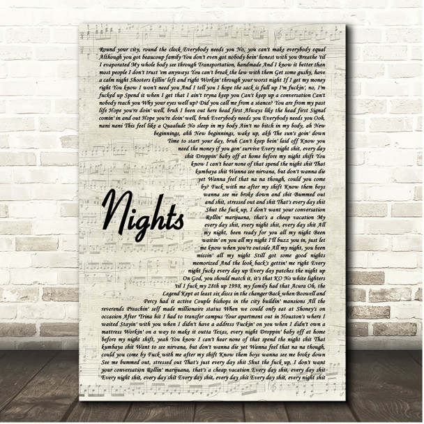 Frank Ocean Nights Vintage Script Song Lyric Print