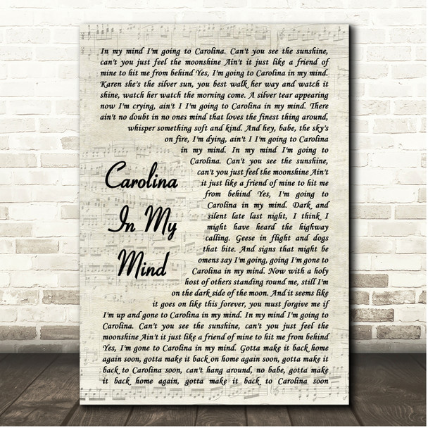 James Taylor Carolina In My Mind Vintage Script Song Lyric Print
