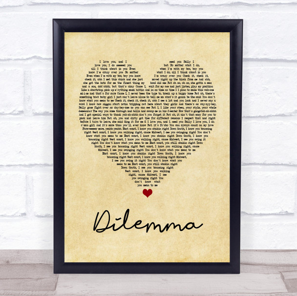 Nelly & Kelly Rowland Dilemma Vintage Heart Song Lyric Quote Print