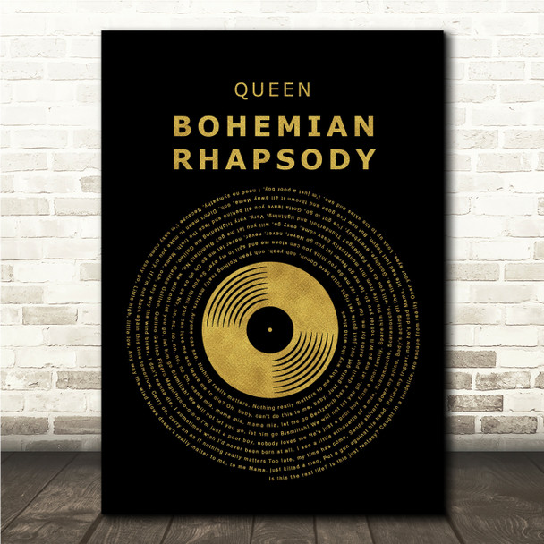 Queen Bohemian Rhapsody Black & Gold Vinyl Record Song Lyric Print