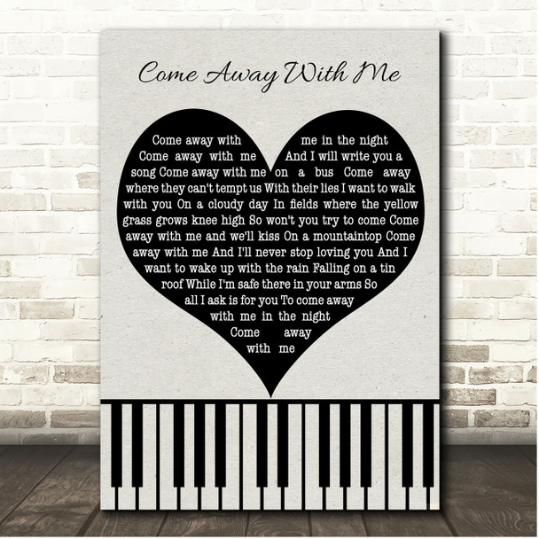 Norah Jones Come Away With Me Black Heart & Piano Keys Song Lyric Print