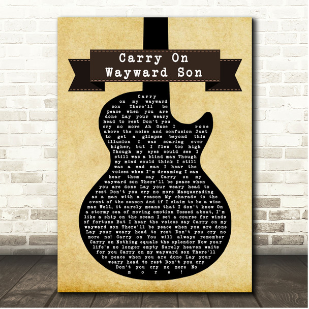 Kansas Carry On Wayward Son Black Guitar Song Lyric Print