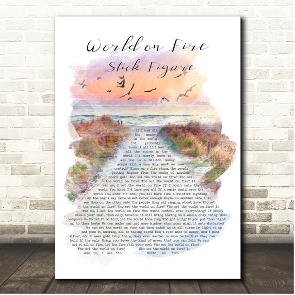 Stick Figure World on Fire Beach Sunset Birds Memorial Song Lyric Print