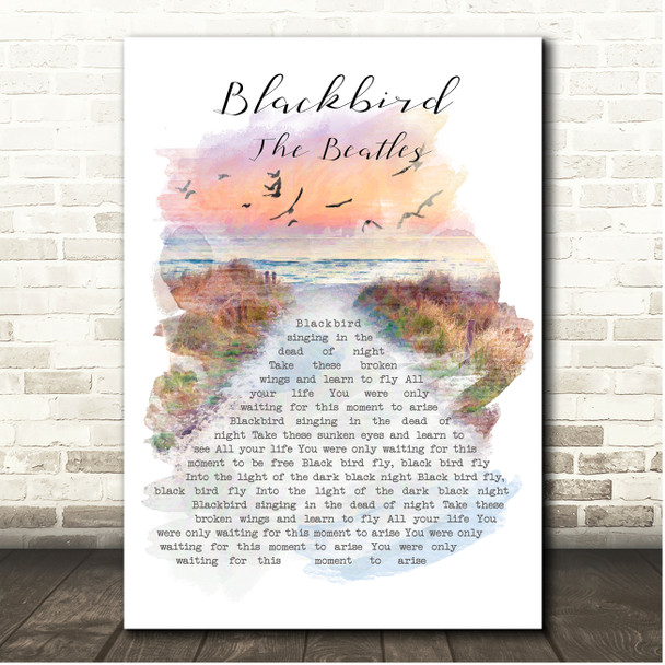 The Beatles Blackbird Beach Sunset Birds Memorial Song Lyric Print