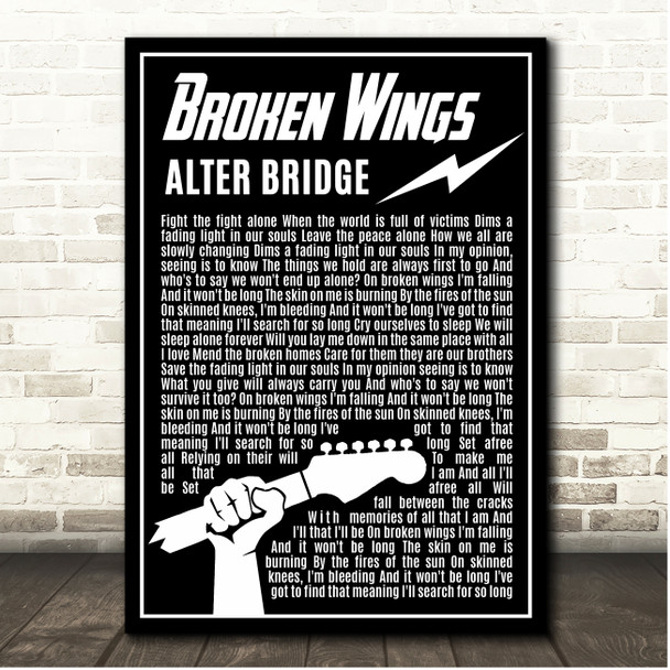 Alter Bridge Broken Wings Black & White Guitar Lightening Song Lyric Print