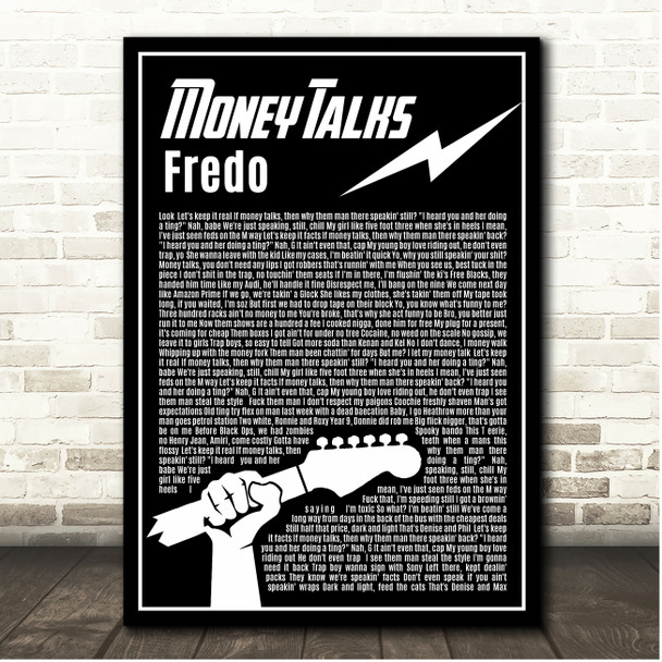 Fredo Money Talks Black & White Guitar Lightening Song Lyric Print