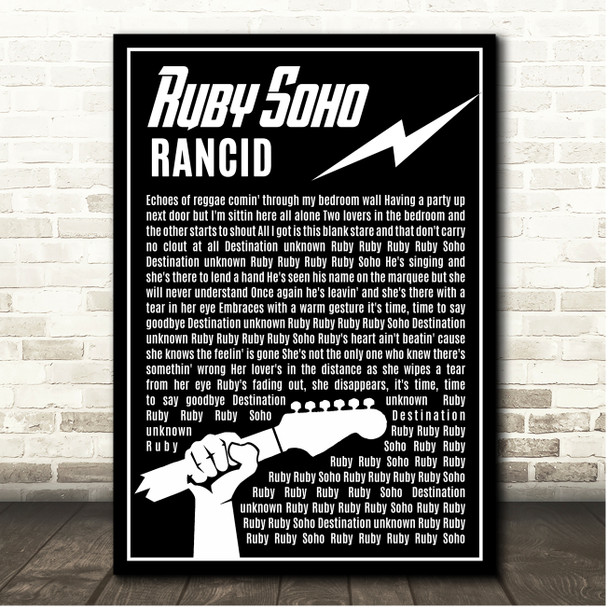Rancid Ruby Soho Black & White Guitar Lightening Song Lyric Print